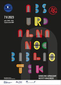 Plakat Absurdalnej Nocy Bibliotek, 7.10.2023